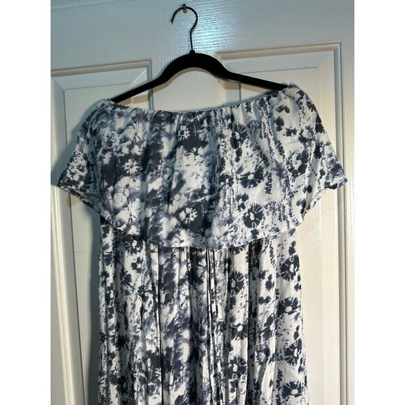 Japna Blue Floral Tie Dye Boho Strapless Smocked Flowy Maxi Dress Size Large - Picture 4 of 9